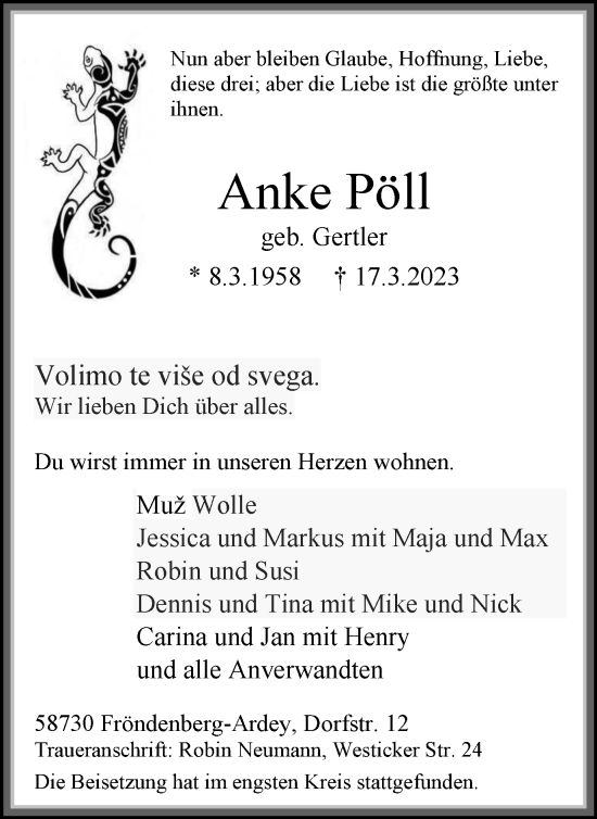 Traueranzeige von Anke Pöll von WVW Anzeigenblätter