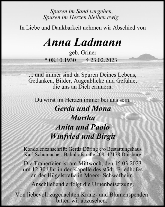 Traueranzeige von Anna Ladmann von Tageszeitung