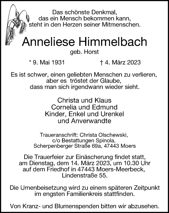 Traueranzeige von Anneliese Himmelbach von Tageszeitung