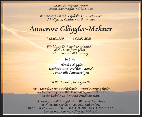 Traueranzeige von Annerose Glöggler-Mehner von Tageszeitung