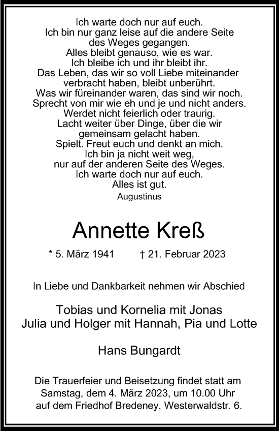 Traueranzeige von Annette Annette von Tageszeitung