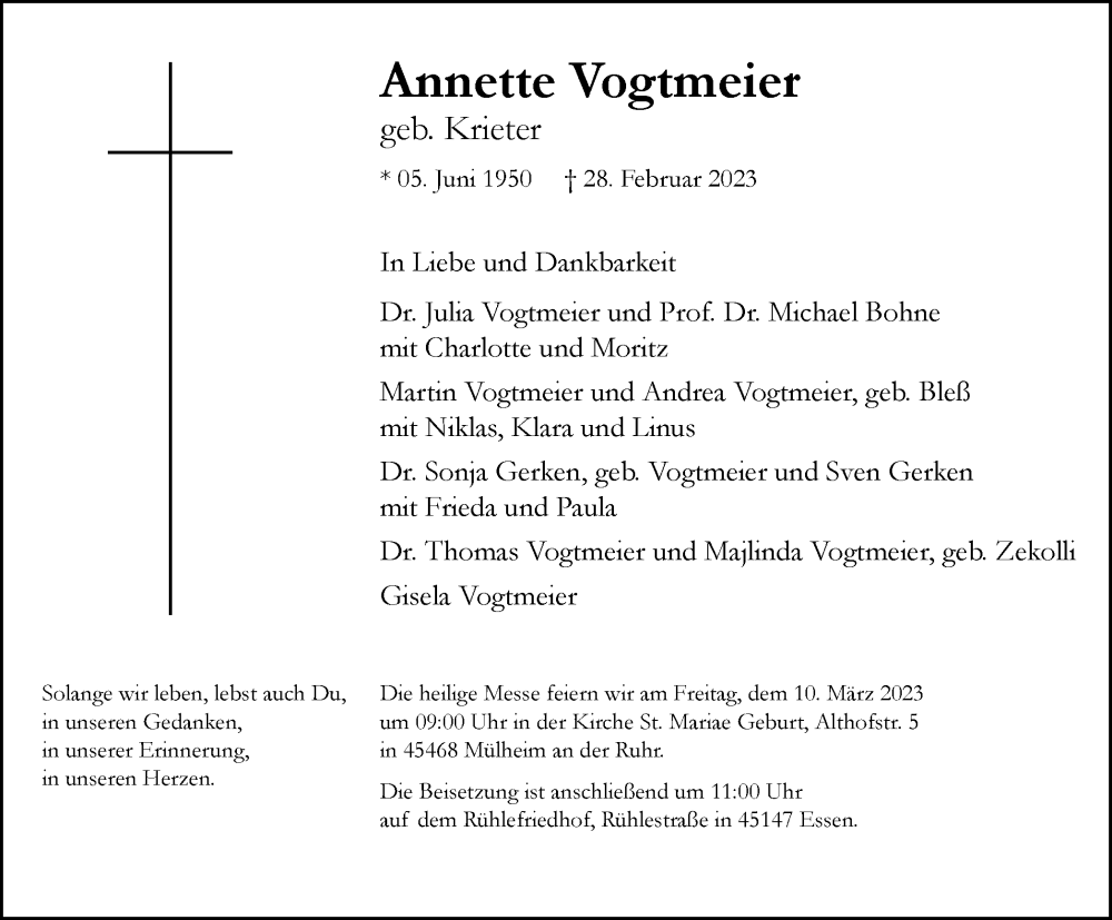  Traueranzeige für Annette Vogtmeier vom 04.03.2023 aus WVW Anzeigenblätter