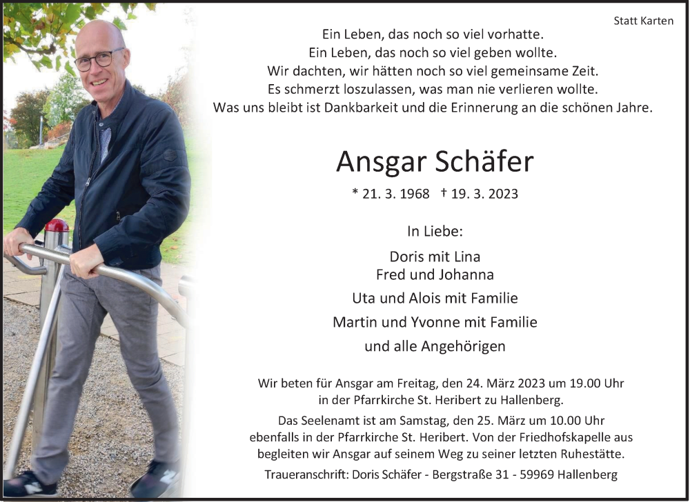  Traueranzeige für Ansgar Schäfer vom 24.03.2023 aus Tageszeitung