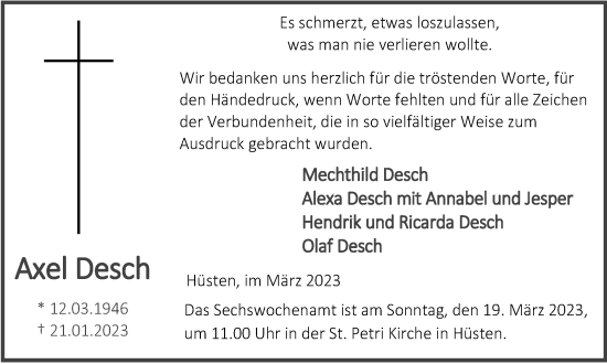 Traueranzeige von Axel Desch von Tageszeitung
