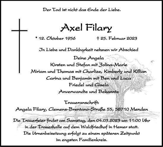 Traueranzeige von Axel Filary von Tageszeitung