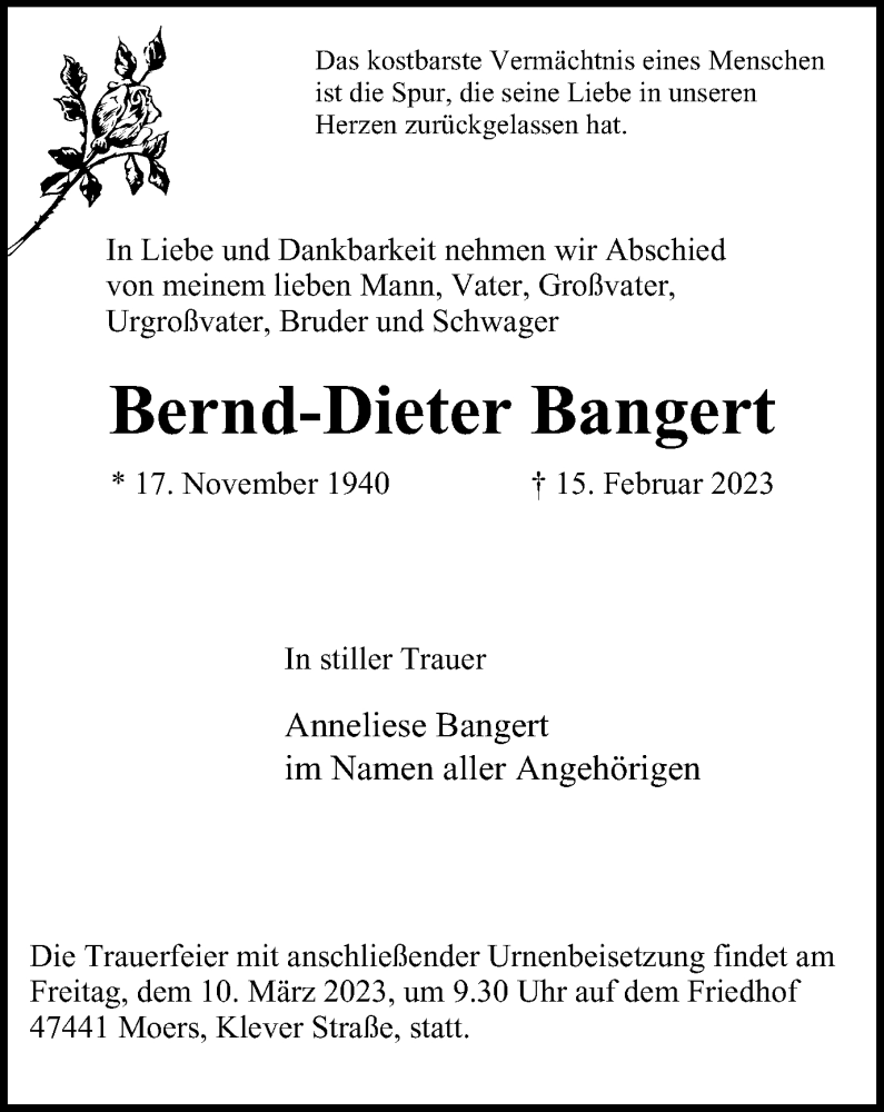  Traueranzeige für Bernd-Dieter Bangert vom 08.03.2023 aus Tageszeitung