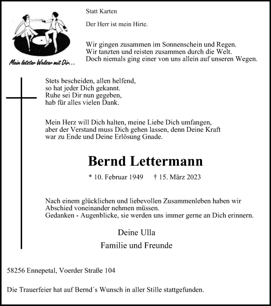 Traueranzeige von Bernd Lettermann von Tageszeitung