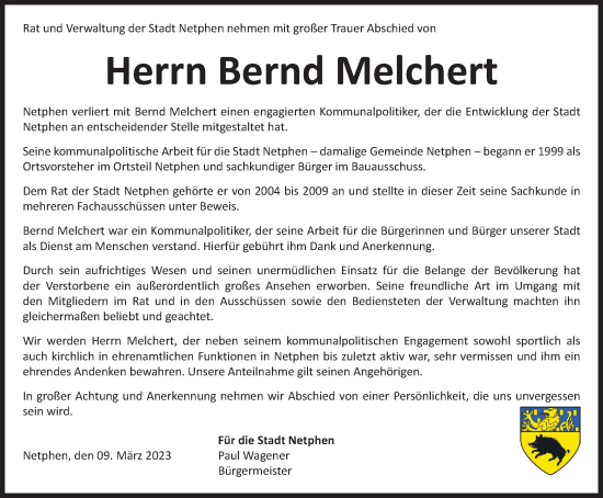 Traueranzeige von Bernd Melchert von Tageszeitung
