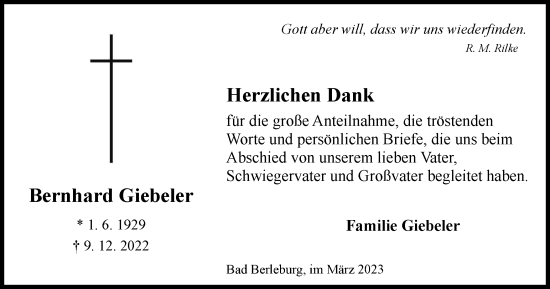 Traueranzeige von Bernhard Giebeler von Tageszeitung