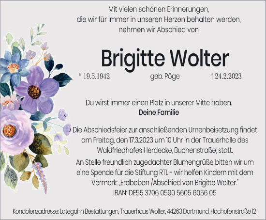 Traueranzeige von Bestattungen Wolter von Tageszeitung