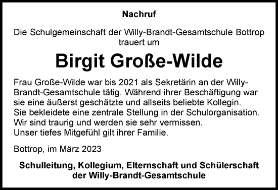 Traueranzeige von Birgit Große-Wilde von Tageszeitung