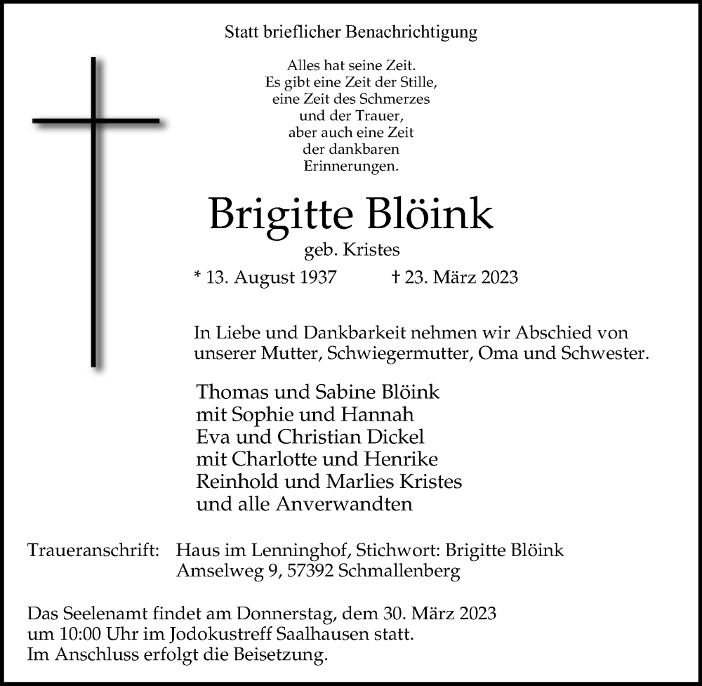  Traueranzeige für Brigitte Blöink vom 30.03.2023 aus Tageszeitung
