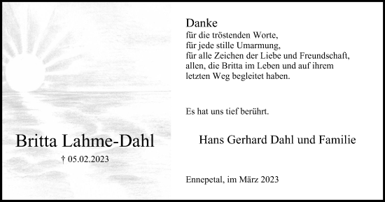 Traueranzeige von Britta Lahme-Dahl von Tageszeitung