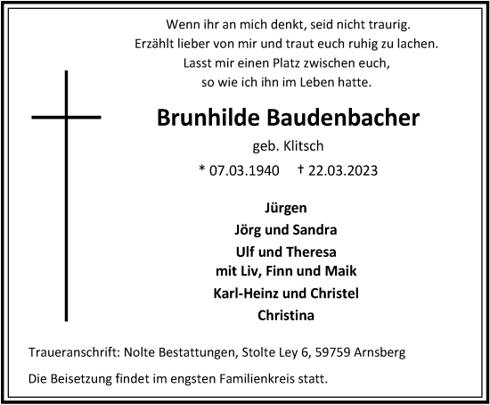 Traueranzeige von Brunhilde Baudenbacher von Tageszeitung