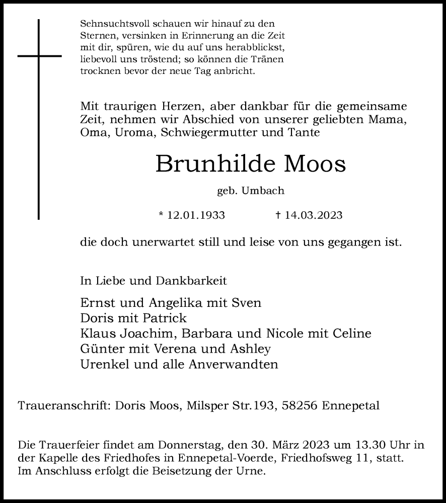  Traueranzeige für Brunhilde Moos vom 25.03.2023 aus Tageszeitung