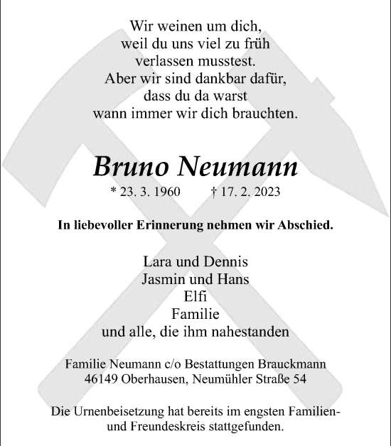 Traueranzeige von Bruno Neumann von WVW Anzeigenblätter