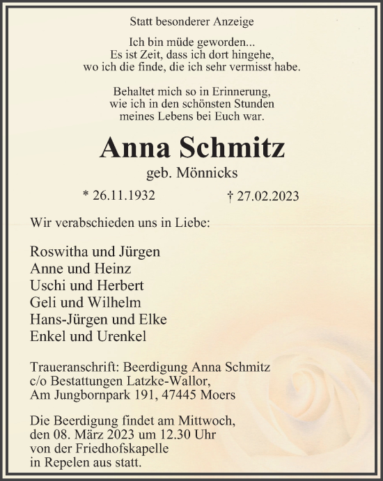 Traueranzeige von Anna Schmitz von Tageszeitung