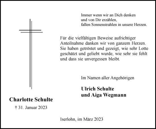Traueranzeige von Charlotte Schulte von Tageszeitung