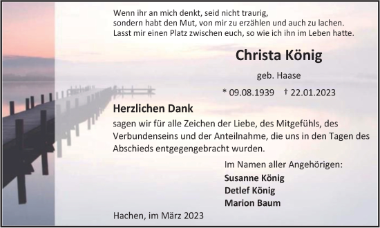 Traueranzeige von Christa König von Tageszeitung