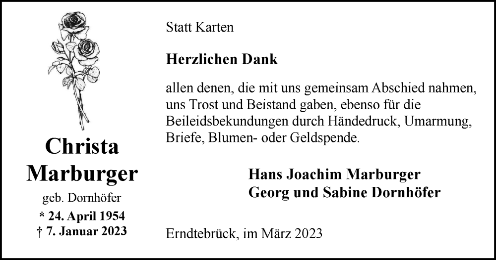  Traueranzeige für Christa Marburger vom 04.03.2023 aus Tageszeitung