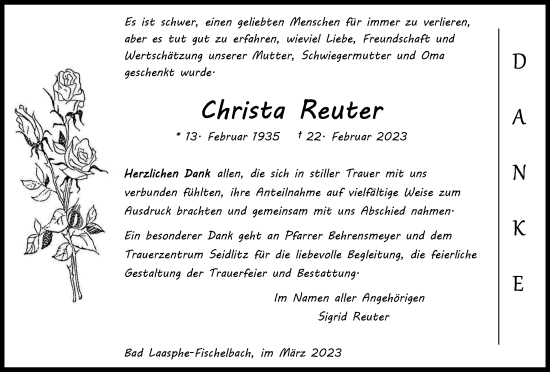 Traueranzeige von Christa Reuter von Tageszeitung