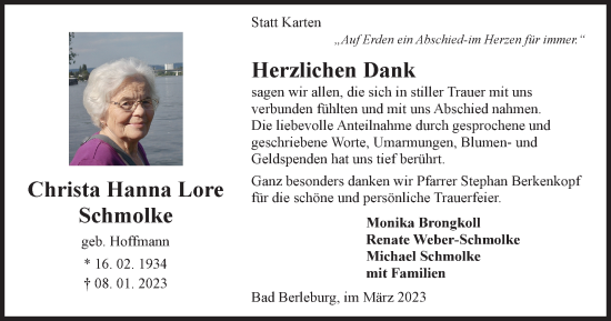 Traueranzeige von Christa Hanna Lore Schmolke von Tageszeitung