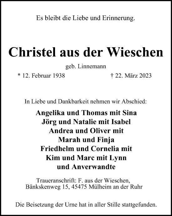 Traueranzeige von Christel aus der Wieschen von Tageszeitung