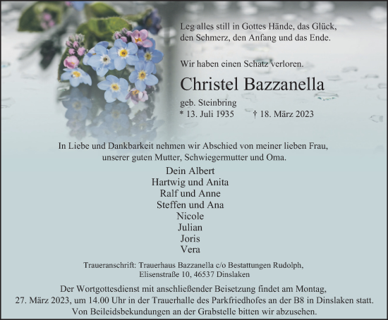 Traueranzeige von Christel Bazzanella von Tageszeitung