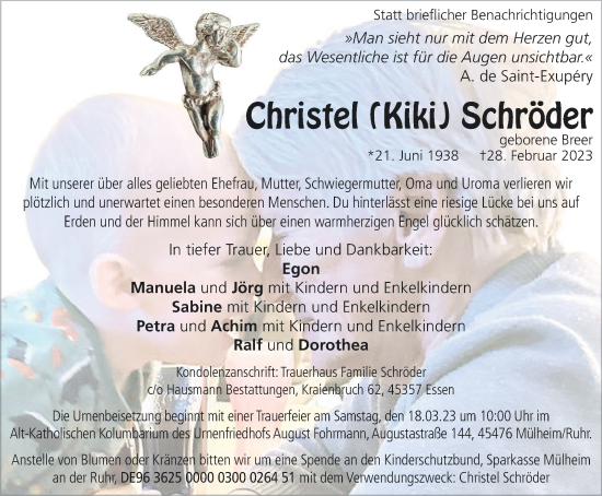 Traueranzeige von Christel Schröder von Tageszeitung