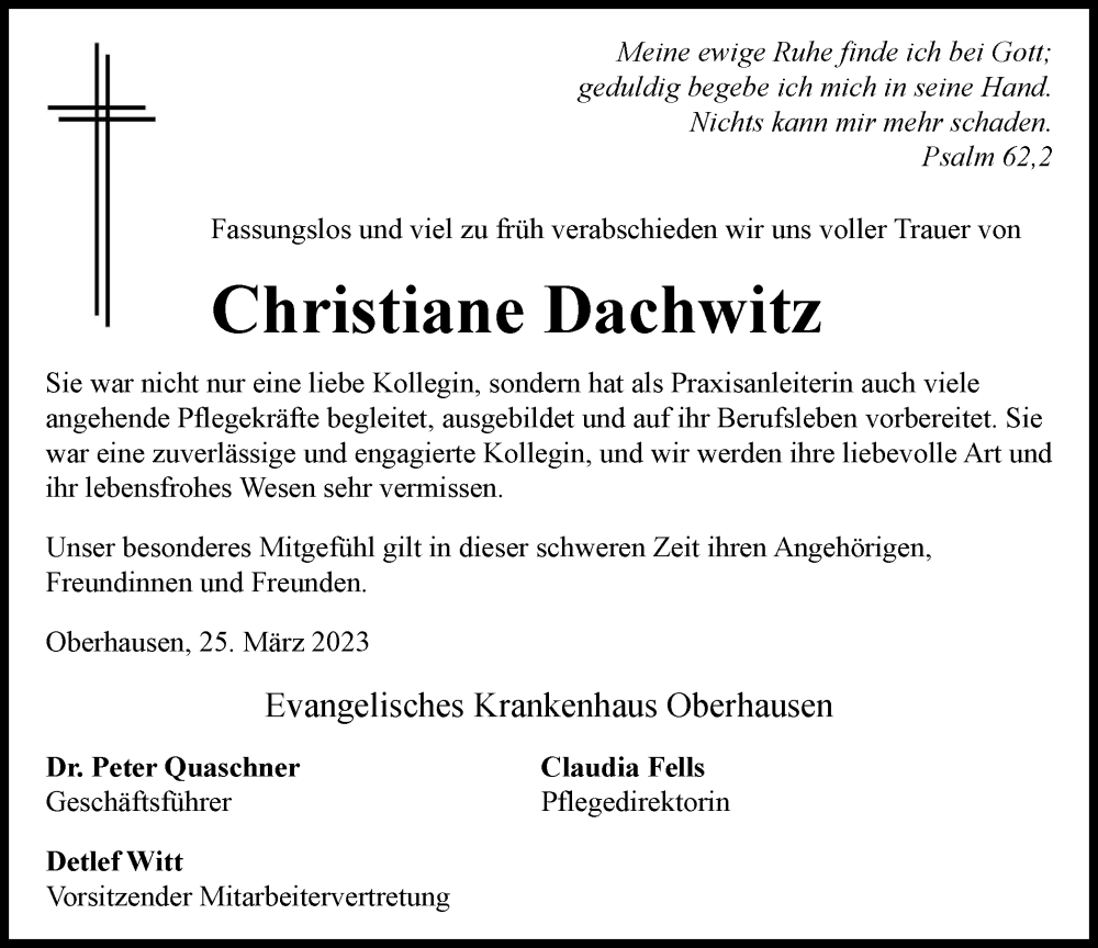  Traueranzeige für Christiane Dachwitz vom 25.03.2023 aus Tageszeitung
