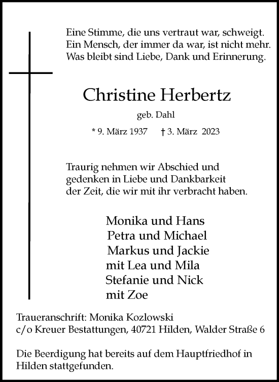Traueranzeige von Christine Herbertz von WVW Anzeigenblätter