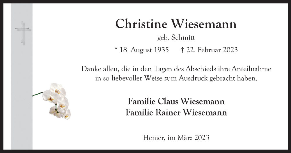  Traueranzeige für Christine Wiesemann vom 18.03.2023 aus Tageszeitung
