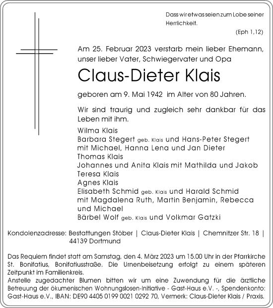 Traueranzeige von Claus-Dieter Klais von Tageszeitung