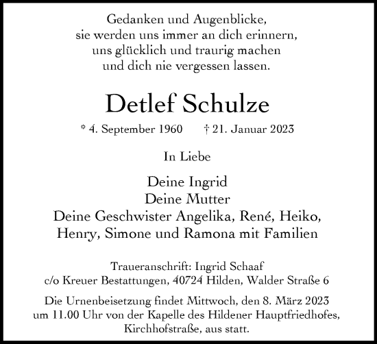 Traueranzeige von Detlef Schulze von WVW Anzeigenblätter