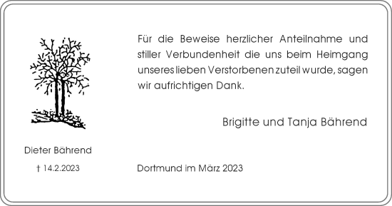 Traueranzeige von Dieter Bährend von Tageszeitung