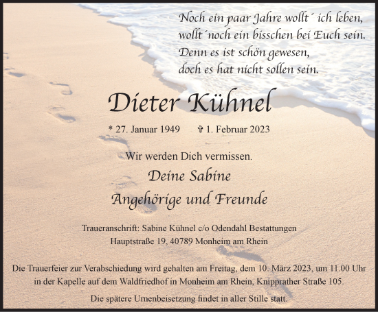 Traueranzeige von Dieter Kühnel von WVW Anzeigenblätter