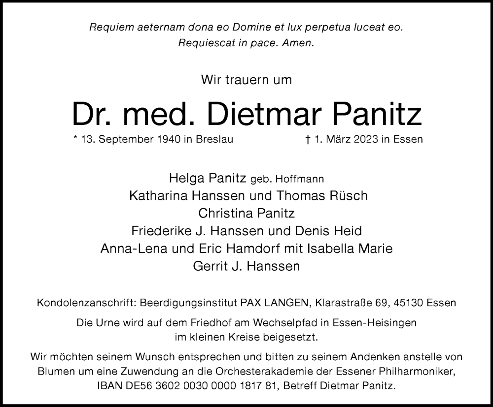  Traueranzeige für Dietmar Panitz vom 18.03.2023 aus Tageszeitung