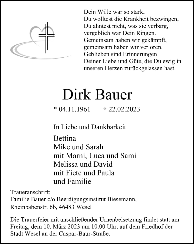  Traueranzeige für Dirk Bauer vom 04.03.2023 aus WVW Anzeigenblätter