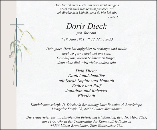 Traueranzeige von Doris Dieck von Tageszeitung