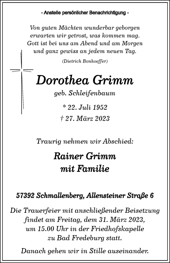 Traueranzeige von Dorothea Grimm von Tageszeitung