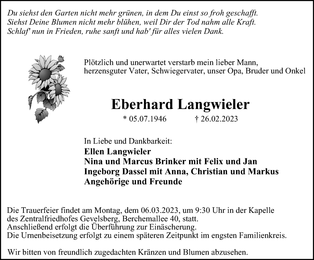  Traueranzeige für Eberhard Langwieler vom 04.03.2023 aus Tageszeitung