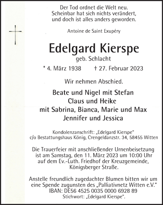 Traueranzeige von Edelgard Kierspe von Tageszeitung