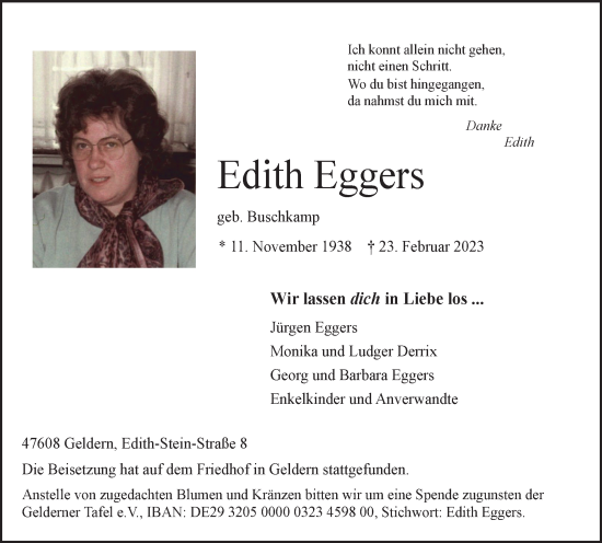 Traueranzeige von Edith Eggers von WVW Anzeigenblätter