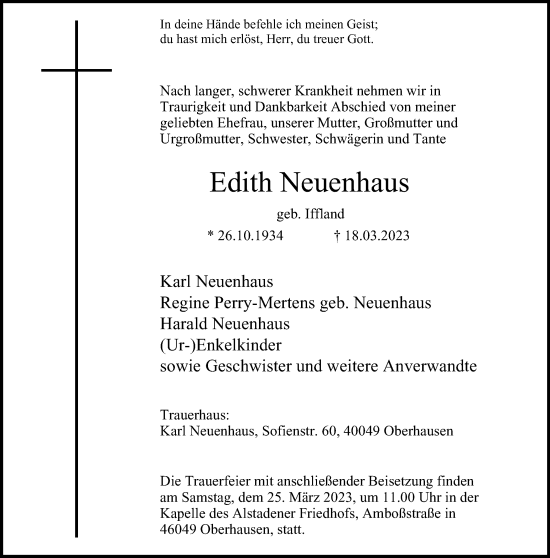 Traueranzeige von Edith Neuenhaus von Tageszeitung