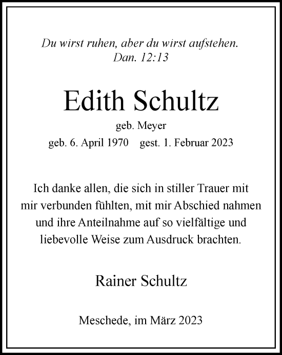 Traueranzeige von Edith Schultz von Tageszeitung