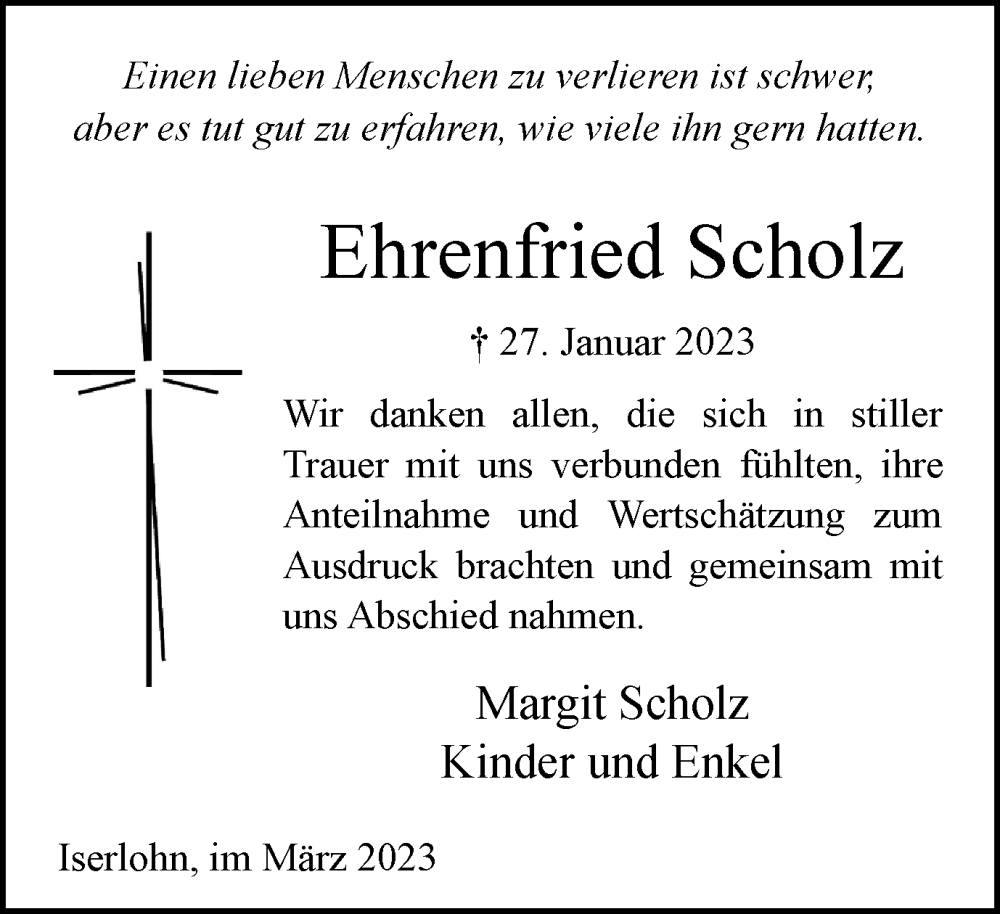  Traueranzeige für Ehrenfried Scholz vom 11.03.2023 aus Tageszeitung