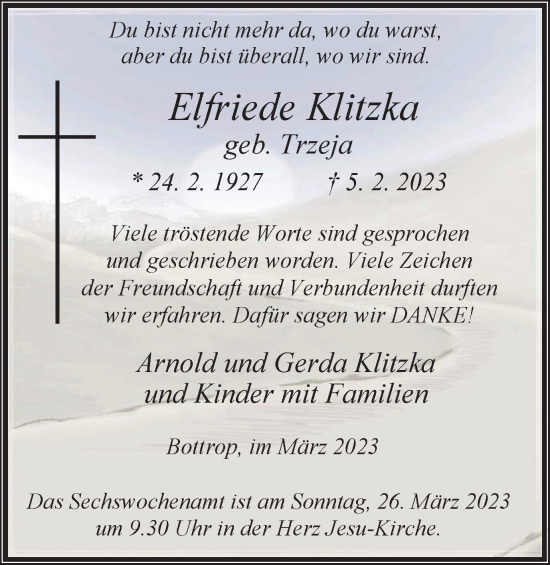 Traueranzeige von Elfriede Klitzka von Tageszeitung