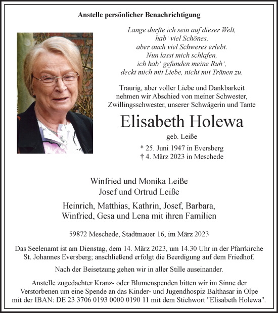 Traueranzeige von Elisabeth Holewa von Tageszeitung