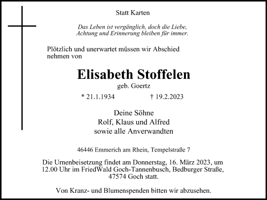 Traueranzeige von Elisabeth Stoffelen von WVW Anzeigenblätter