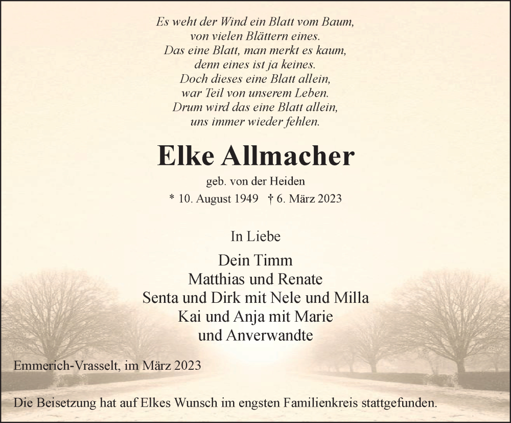  Traueranzeige für Elke Allmacher vom 11.03.2023 aus WVW Anzeigenblätter